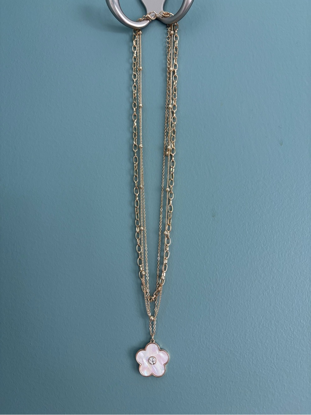 Gold-tone Multi-Chain Necklace with Pink Mother-of-Pearl Flower Pendant